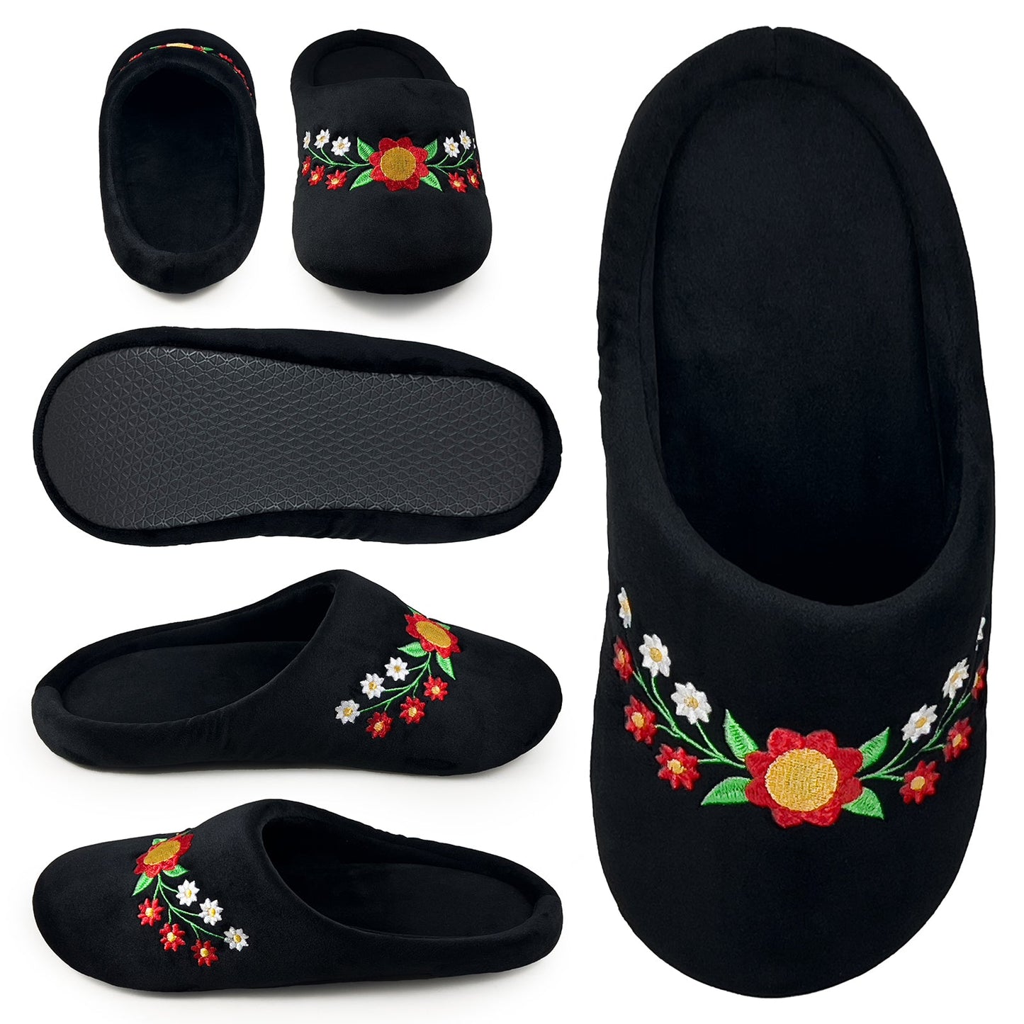 Floral Black Slippers