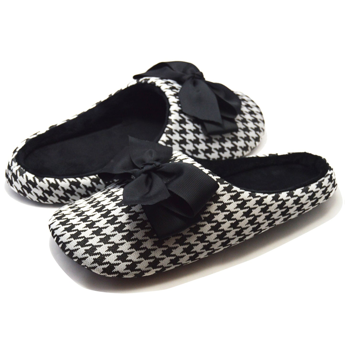Houndstooth Big Black Bow Slippers