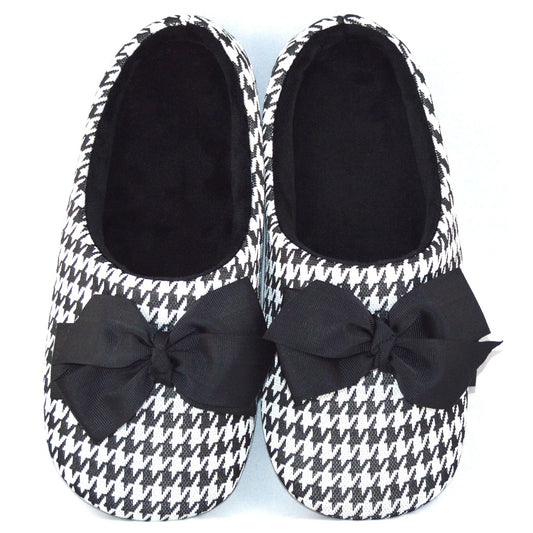 Houndstooth Big Black Bow Slippers