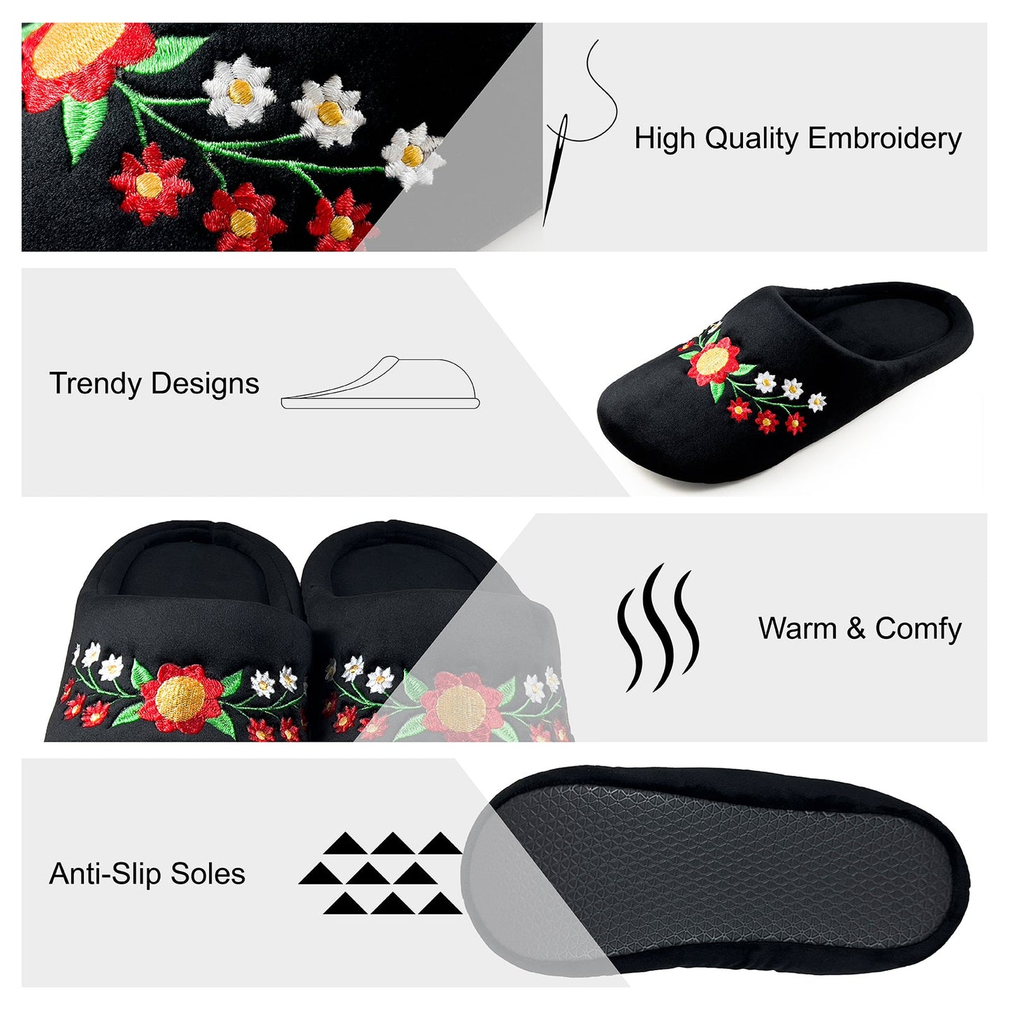 Floral Black Slippers