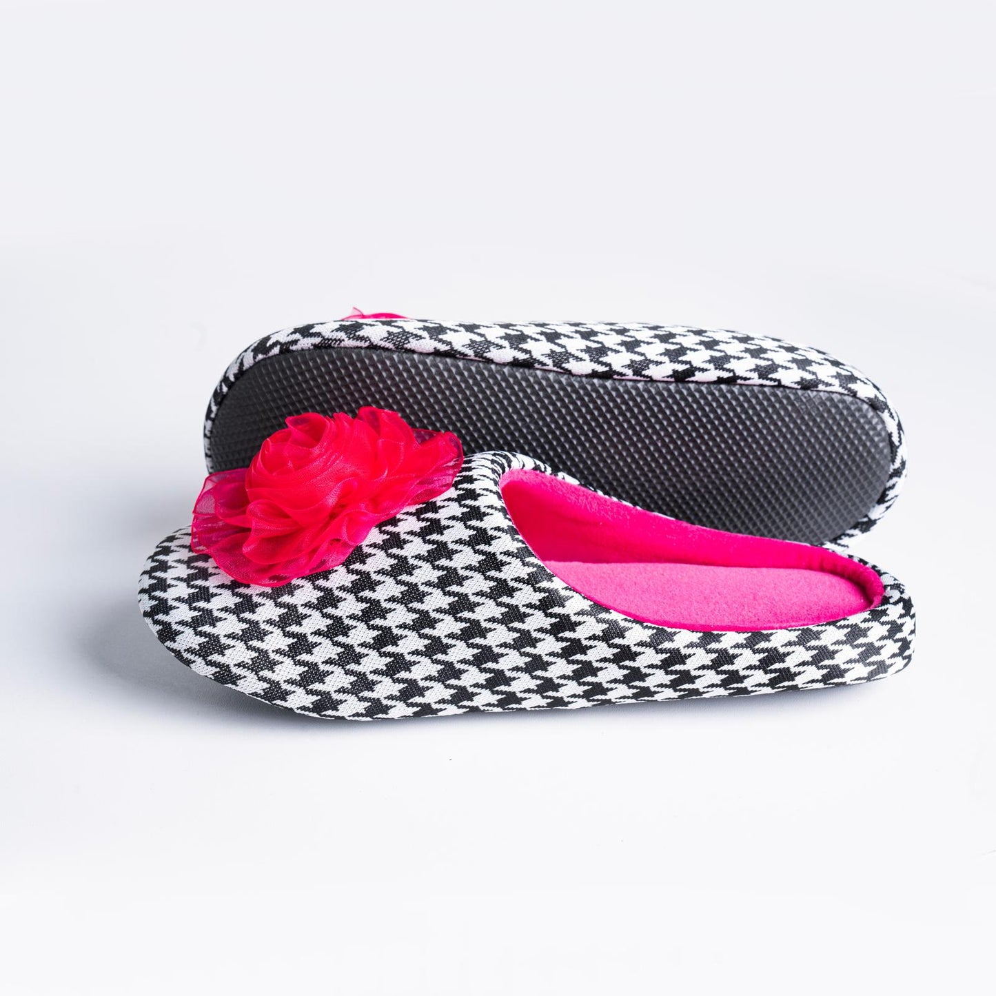 Houndstooth Big Fuchsia Flower - Slippers for Kids