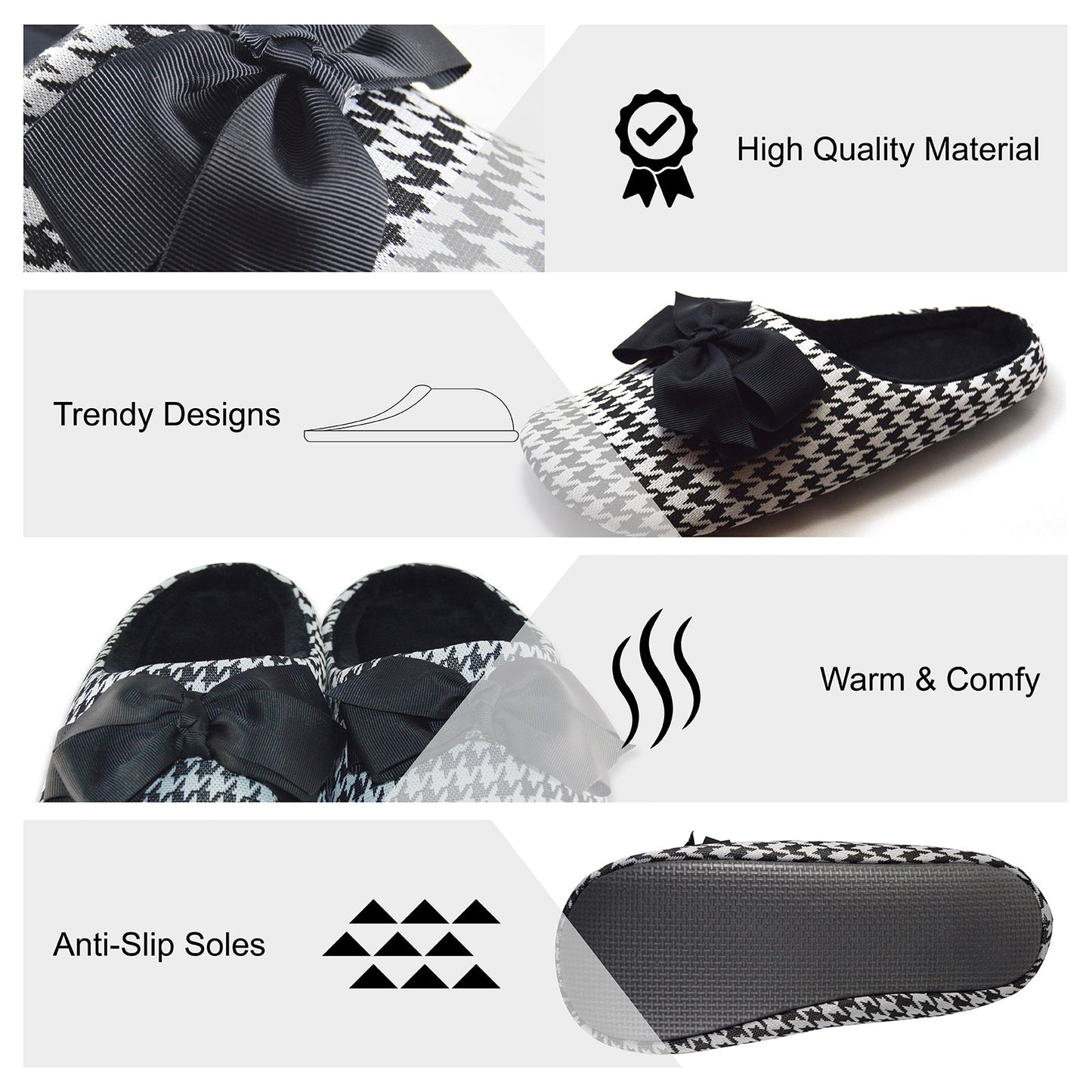 Houndstooth Big Black Bow Slippers