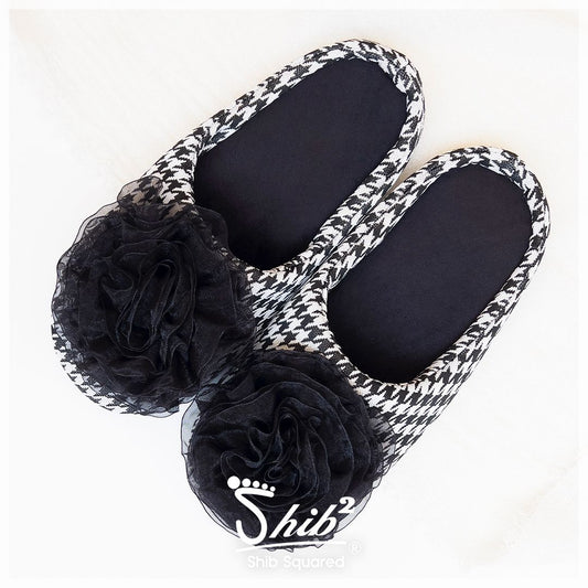 Houndstooth Big Black Flower - Slippers for Women