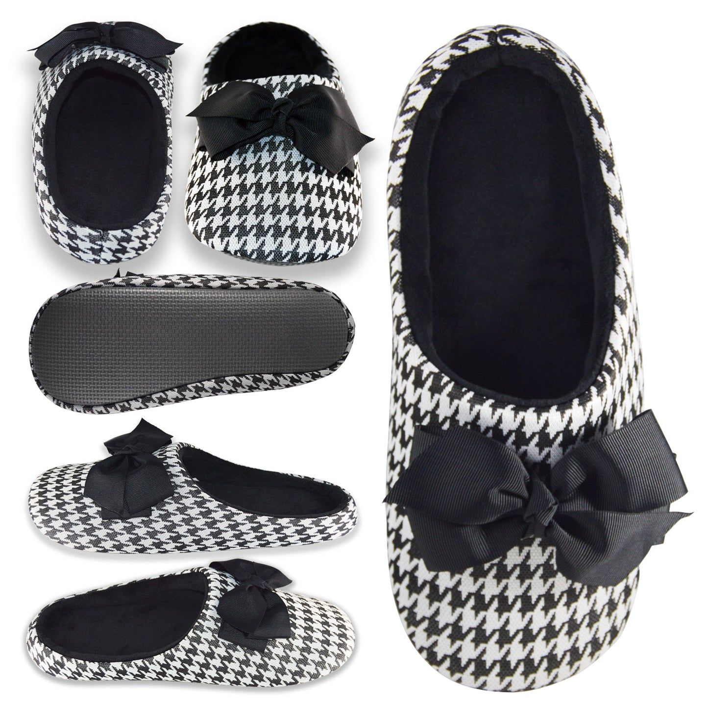 Houndstooth Big Black Bow Slippers
